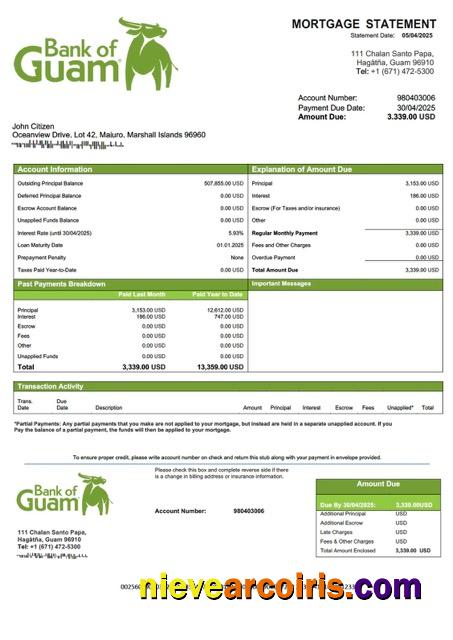 Marshall Islands Bank of Guam mortgage statement Word and PDF template
